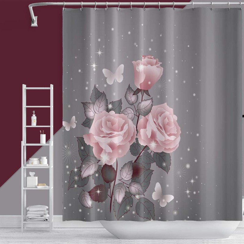 OERJU Floral Shower Curtain Pink Rose Stylish Bath Curtain with