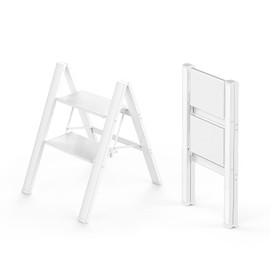 WOA WOA 2 Step Ladder, Foldable Step Stool, Aluminum Lightweight Ladder for Home Kitchen Closet, Anti-Slip Pedals, Ease of Folding, Portable, 300lbs Capacity - White