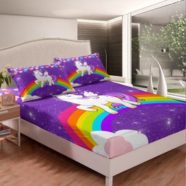 Girls Unicorn Bed Sheet Twin Rainbow Bedding Sets Cute Unicorn Glitter Fitted Bed Sheets Kids Cartoon Kawaii Fitted Sheet Galaxy Stars Fantasy Room Decor Children Girly Unicorn Purple