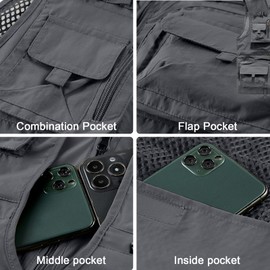 IBIH Mens Outdoor Vest Breathable Quick-Dry Fishing Vest Camping Hiking Lightweight Vest with Multi-Pocket,Grey,X-Large