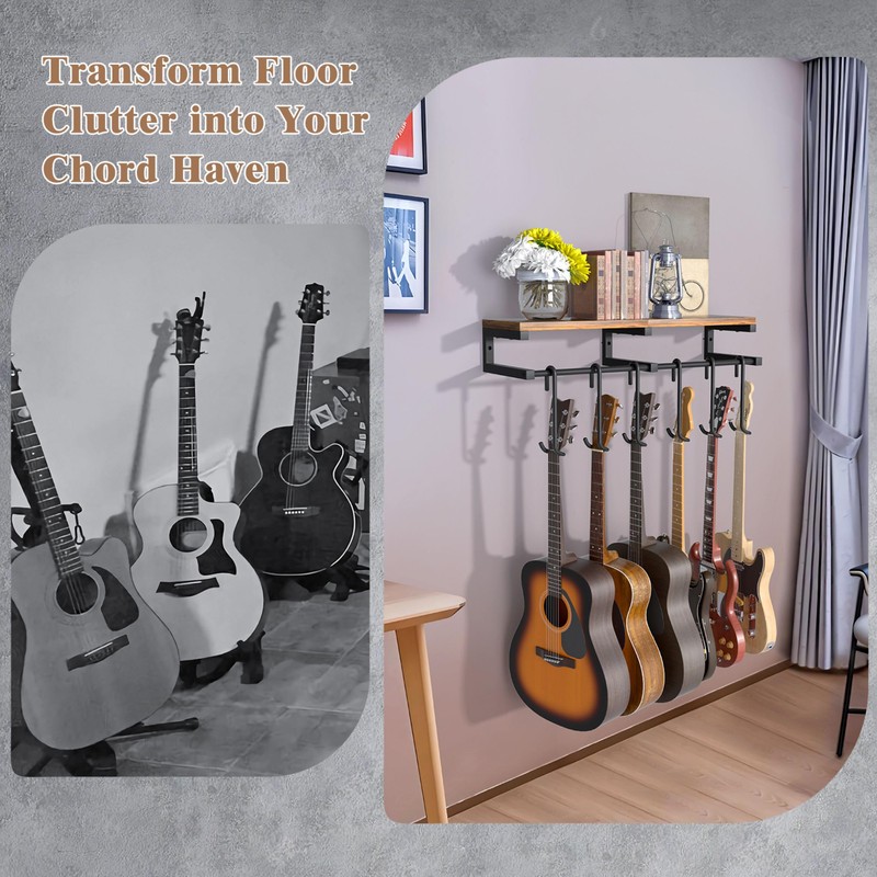 Keebofly Multiple Guitar Wall Mount Hangers with 6-Detachable Hooks &