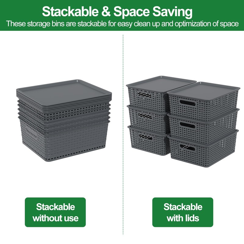 Idotry Plastic Storage Baskets with Lids, Organizer Bins, 6-Pack, Gray