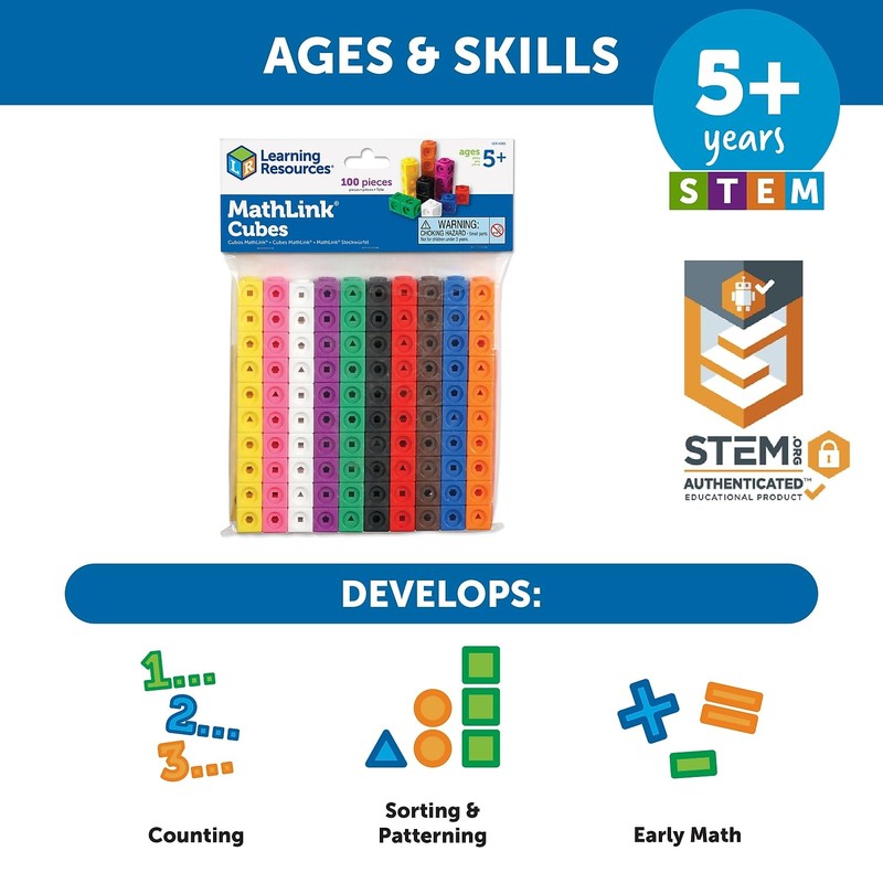 Learning Resources MathLink Cubes - Set of 100 Cubes, Ages