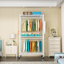 FUTASSI P1 Heavy Duty Garment Rack, 3 Tiers Adjustable Rolling Metal Closet Organizer with Lockable Wheels, FreeStanding Wardrobe with Double Hanger Rods & 1 Pair Hooks, Max Load 450 LBS, White