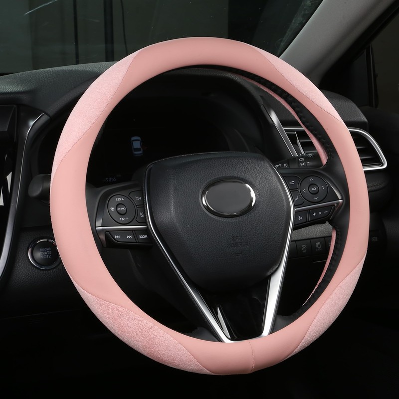 ALEMODR Pink Suede Leather Steering Wheel Cover Universal 15 inch