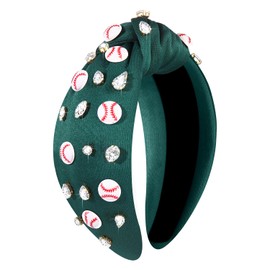 boderier Baseball Headband Hair Accessories Crystal Baseball Embellished Wide Knotted Headband for Women Game Day Accessories Gifts Dark Green