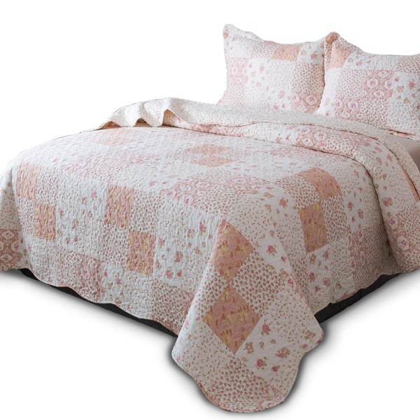 Kasentex Country-Chic Printed Pre-Washed Quilt Set - Microfiber Fabric Quilted Pattern Bedding (Multi-Pink, Queen + 2 Shams)