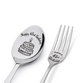 VWALK 2-Piece Stainless Steel 63rd Birthday Spoon & Fork Set - Engraved, Rust Resistant, Silver, Decorative Celebratory, Indoor Use