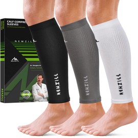 NEWZILL Calf Compression Sleeve for Men & Women | Footless Compression Socks for Shin Splint Relief, Varicose Veins | Leg Sleeve for Running, Travel, Nursing, Fitness (Black/White/Grey 3Pairs L/XL)