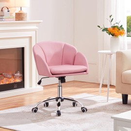 Yaheetech Cute Petal Desk Chair Home Office Chair Swivel Upholstered Leather Desk Chair Makeup Vanity Chair with Armrests for Bedroom Modern Computer Rolling Chair for Women Simple Pink