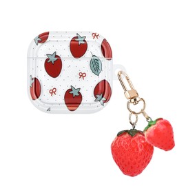 Cute Strawberry Case for Airpods 4th Generation (2024) with Lovely Keychain, Cute Unique Bow Tie Design Women Protective Shockproof Soft TPU Premium Cover for Airpods 4 Gen