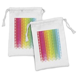 Lunarable Retro Fabric Pouch Set of 2, Geometric Shapes Colorful Mosaic Pattern Retro Style Triangle Shapes Design, Small Drawstring Bag for Toiletries Masks and Favors, 9" x 6", Multicolor