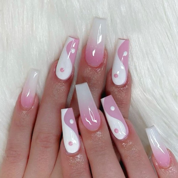 YoYoee Press On Nails Long Pink Gradient Fake Nails Coffin