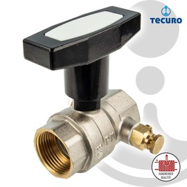tecuro Ball Valve with Emptying Retractable Gland on Both Sides Internal Thread Rp 1 Inch (DN 25) Aluminium T-Handle Nickel-Plated Brass 37410