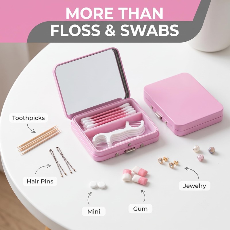2Pack 2-in-1 Dental Floss & Cotton Swab Cases with Mirror