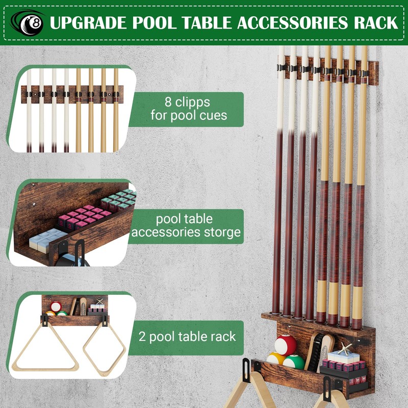 WHEARTED Wall Mount Pool Stick Holder, Billiards Pool Cue Rack