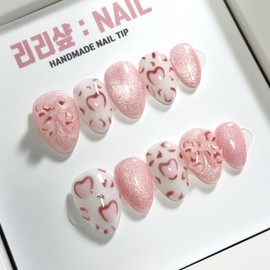 Pink melting leopard skin handmade nail tips - short almond / 핑크 멜팅 호피 수제네일팁 - 숏아몬드