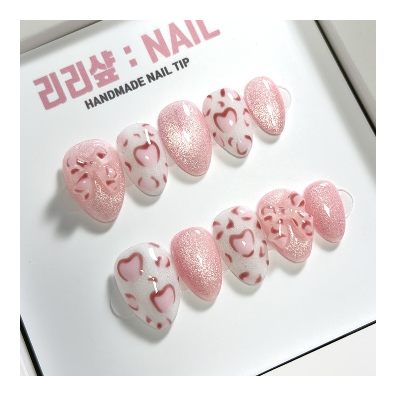 Pink melting leopard skin handmade nail tips - short almond