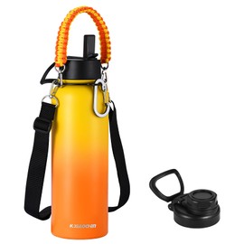 40 oz Insulated Water Bottle with Paracord Handles & Strap, 2 Lids(Straw Lid&Spout Lid), Stainless Steel Reusable Wide Mouth Metal Water Bottle With Straw, Double Walled, Thermo Mug（Mango Yellow)