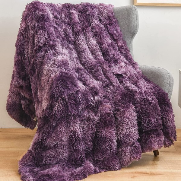 GONAAP Fuzzy Faux Fur Throw Blanket Tie-dye Violet Purple Super