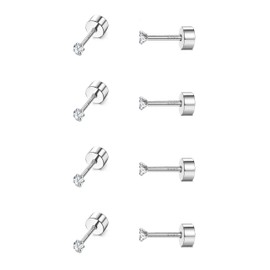 Sllaiss 4Pairs 925 Stering Silver Stud Earrings 18G Small Barbell Cubic Zirconia Flat Back Earrings for Women White Gold Plated Cartilage Screwback Earrings Set Minimalism Jewellery（Round）