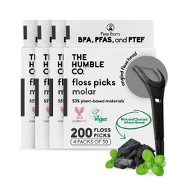 The Humble Co Molar Floss Picks for Teeth, 200 Count (Charcoal) - Angled Dental Flossers with Extended Reach for Molars & Back Teeth - Plant-Based Floss for Interdental Oral Care, Hygiene & Gum Health