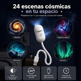 Proyector Galaxia Estrellas 2en1 Luz Nocturna USB LED Cuello Cisne Flexible 360° Diapositivas Intercambiables Brillo Táctil Dormitorio Techo Coche Adultos Niños (5pcs-A)