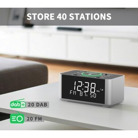 Wireless Charging Alarm Clock with DAB & FM Radio, 40 Preset Stations, Dual Alarms, Snooze, Dimmable LCD Display, Bluetooth, USB Charging and Earphone Jack, Bedside Alarm Radio iTOMA 206D