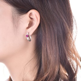 YL Hoop Earrings 925 Sterling Silver with 12 Birthstone Cubic Zirconia U Shape Huggie Earrings for Women, Silver, Ruby