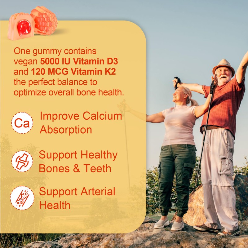 Vitamin D3 5000IU + K2 (MK-7) 120mcg, Sugar-Free Vitamin D3