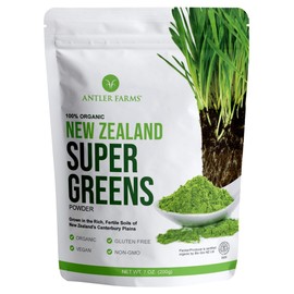 Antler Farms - 100% Pure Organic New Zealand Super Greens Powder, 40 Servings, 200g - Wheat Grass, Barley Grass, Chlorella, Spirulina - Vegan, Gluten Free, Chlorophyll Rich, for Energy and Detox