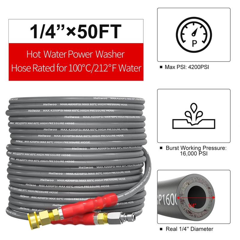 Heliwoo Pressure Washer Hose 50ft, 4200PSI Wire Braid Power Washer