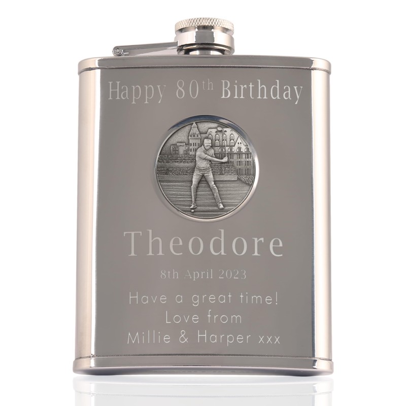 Engraved 80th Birthday Pewter Golf Feature Pocket Watch and Hip