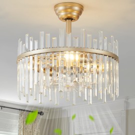 Gryalcy Gold Crystal Fandelier Ceiling Fan, 20" Mid-Century Chandelier Ceiling Fans with Lights Remote Control, Caged Modern Enclosed with 6 Speeds for Bedroom, Living Room