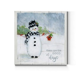 Renditions Gallery Good ol Days Snowman Wall Art, Cute Christmas & Winter Artwork, Festive Faux Wood Background, Premium Gallery Wrapped Canvas Decor, Ready to Hang, 16 in H x 16 in W, Made in America