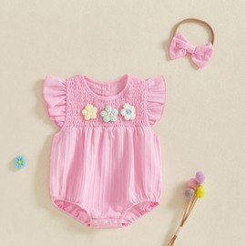 XIXIMAON Baby Girls Summer Romper Ruffled Flying Sleeve Round Neck 3D Flower Decor Smocked Jumpsuit with Bow Headband Outfit Set Newborn Clothes Girl (Pink, 12-18 Months)