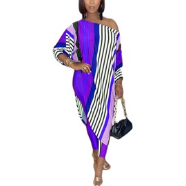 WOKANSE Conjunto de chándal sólido de manga 3/4 para mujer, con hombros descubiertos, parte superior asimétrica, pantalón largo, 2 piezas, ropa de descanso, Z-zstripe Blue, M
