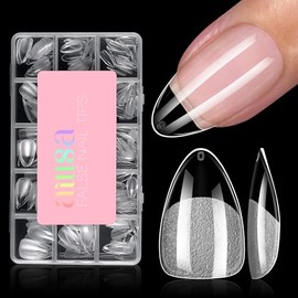 AILLSA Puntas de uñas cortas almendradas - 15 tamaños, 240 piezas, puntas de uñas postizas semimate preformadas, puntas de uñas cortas, cobertura tota