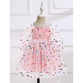 IDOPIP Toddler Girls Dresses Long Sleeve Polka Dot Mesh Tutu Dress Infant Smocked Wedding Guest Dress Formal Pageant Photo Shoot Tulle Dress Princess Birthday Christening Gown Polka Dot 5-6 Years