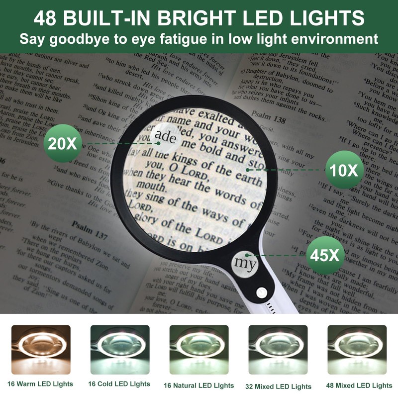 Magnifying Glass with 48 LED Light, 10X 20X 45X Handheld