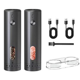 Pepper Grinder, Electric Salt and Pepper Mill Grinder, Adjustable Coarseness, Ceramic Grinding Elements, Rechargeability with LED Light, One Hand Automatic Operation Black (2PCS)