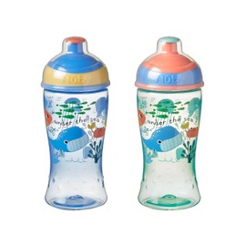 Nuby Super Slurp Water Bottle - No Spill Active Toddler Sippy Cup | 360ml / 12oz |Easy Grip | Dishwasher Safe | Suitable Beaker for 18 Months Plus (Under the Sea, Pack of 2)