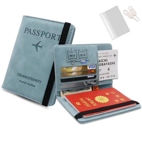 Gokei Passport Case, Skimming Prevention, Leather, High Quality, Passport Cover, Multi-functional Storage, Anti-Theft, Security, Large Capacity, Air Ticket Case, Passport, Korea, Fashionable, Cute, Passport Bag, Travel, Card Case, Pouch, Simple, blue (light)
