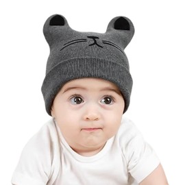 Balakaka Thick Warm Kawaii Winter Beanie Knitted Hat, Soft Thermal Cat Ears Beanie Hat for Baby 0-6 Months, Cute Winter Warm Knitted Ski Hat Boys Girls Gift, gray