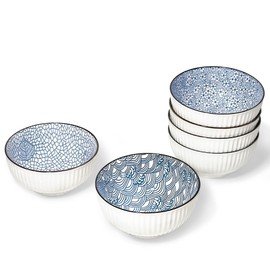 fanquare 6 Inch Japanese Cereal Bowls Set of 6, Blue and White Porcelain Soup Bowls for Salad, Rice, Microwave Safe Dishes