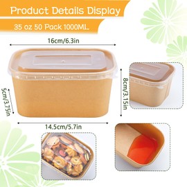 Gdotmely 50 Pack Paper Food Containers with Lids,35 oz Kraft Paper Bowls,Cardboard Meal Prep Containers with Lids for Salad,Snacks,Desserts,Hot/Cold Food,Rectangular Disposable Bowls