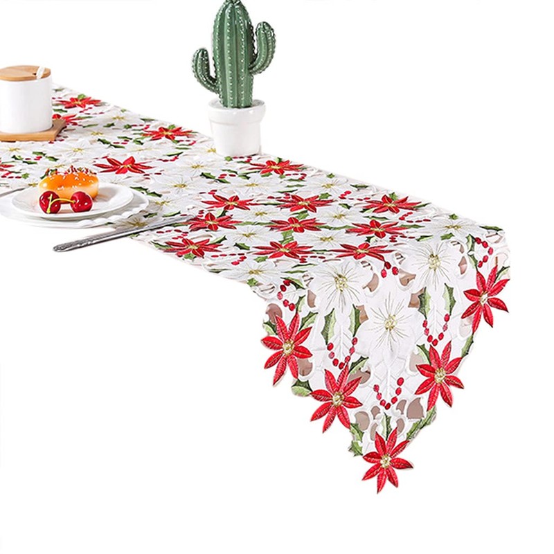 Christmas Table Runner, Embroidered Table Runners Luxury Poinsettia Holly Table