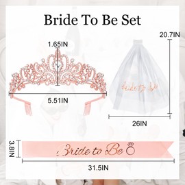 Bachelorette Party Decorations Bride Tiara Bride to Be Sash & Wedding Veil, Rose Gold Bridal Shower Crown Bride Veil and Sash for Women Bachelorette Party Accessories Supplies, Favors, Gifts for Bride