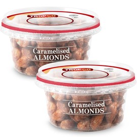 Tropgo Caramelised Almonds 180g - Pack of 2 -Sweet Nuts in a Resealable and Recyclable Nut Tub - Wholesome Trail Mix with Fibre Protein and Essential Minerals - Healthy Nuts for All Ages
