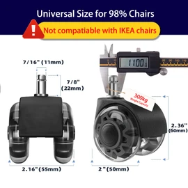 Hirate 2 inch Office Furniture Casters - Heavy Duty Casters for Smooth Rolling, Set of 5 Gaming Swivel Chair Casters, 7/16 inch Stem Dual Rubber Caster Wheels for All Floors, Black